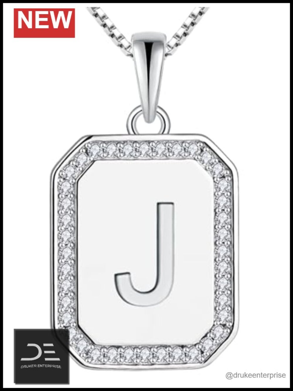 925 Sterling Silver Rectangle Initial J Pendant Necklace with CZ Chain 18"